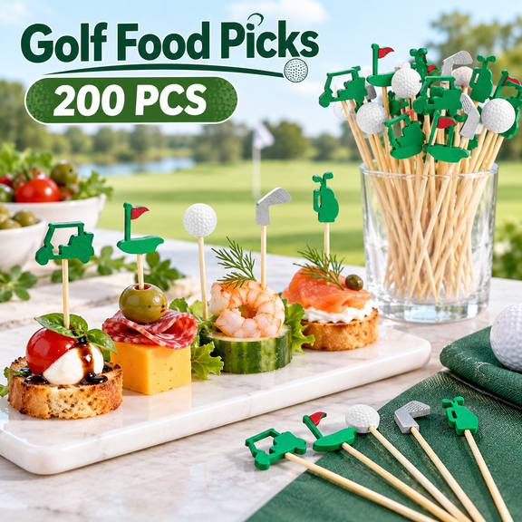 OZERA 200 Pieces 4.7 Inch Golf Themed Bamboo Cocktail Picks, Decorative Fruit Appetizer Toothpick Skewers, Green for Sports Buffet Party Catered Events