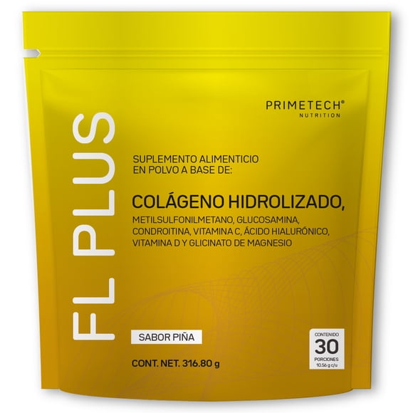 Suplemento Primetech FL+PLUS en Polvo, 30 Servicios con Colágeno Hidrolizado, Glucosamina, Condroitina, Ácido Hialurónico y Vitamina D con sabor a Piña