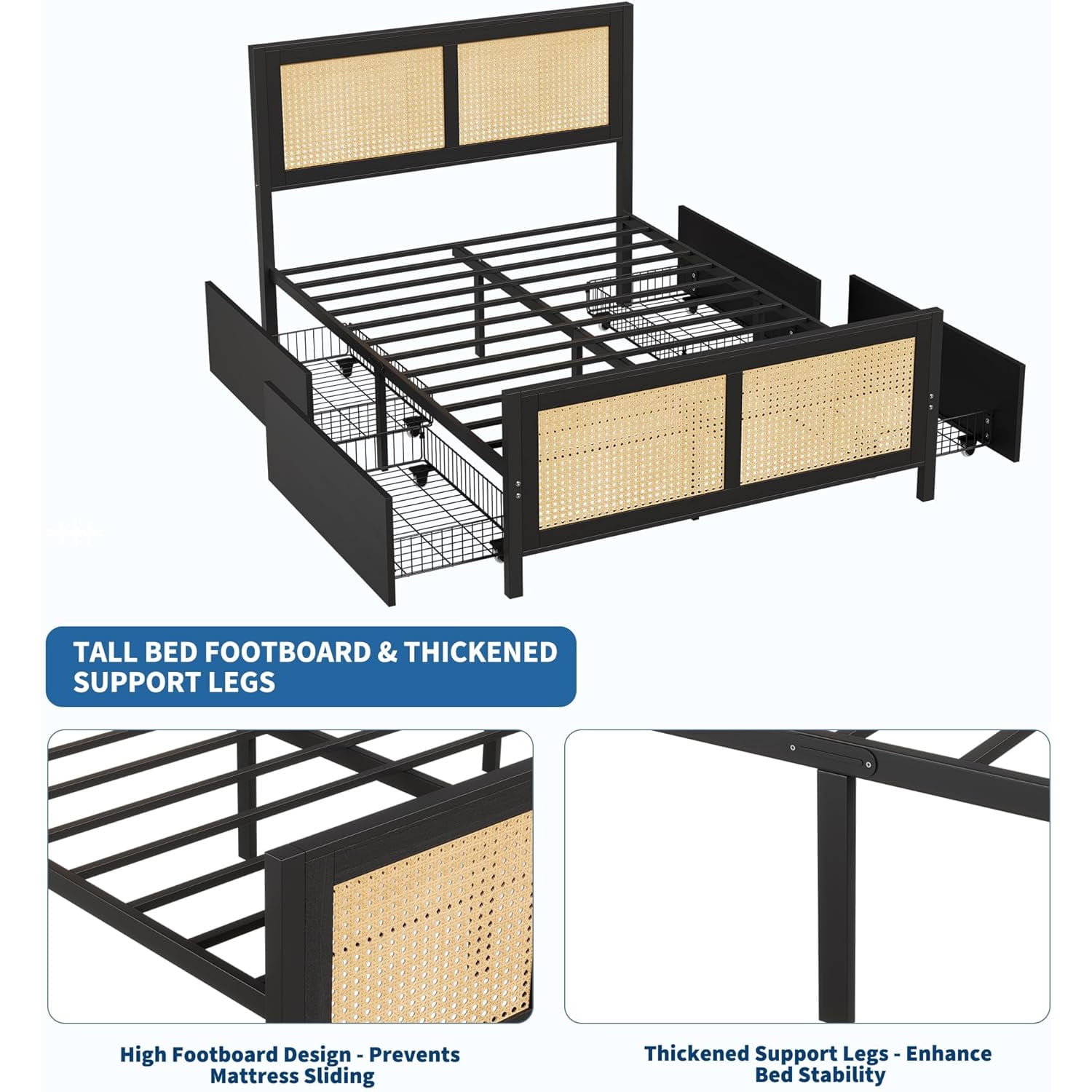 Tzou Rattan Bed Frame with Headboard & 4 Drawers - Boho Full Size Platform Bed, LED Lights, 800 lb Capacity, No Box Spring, Black