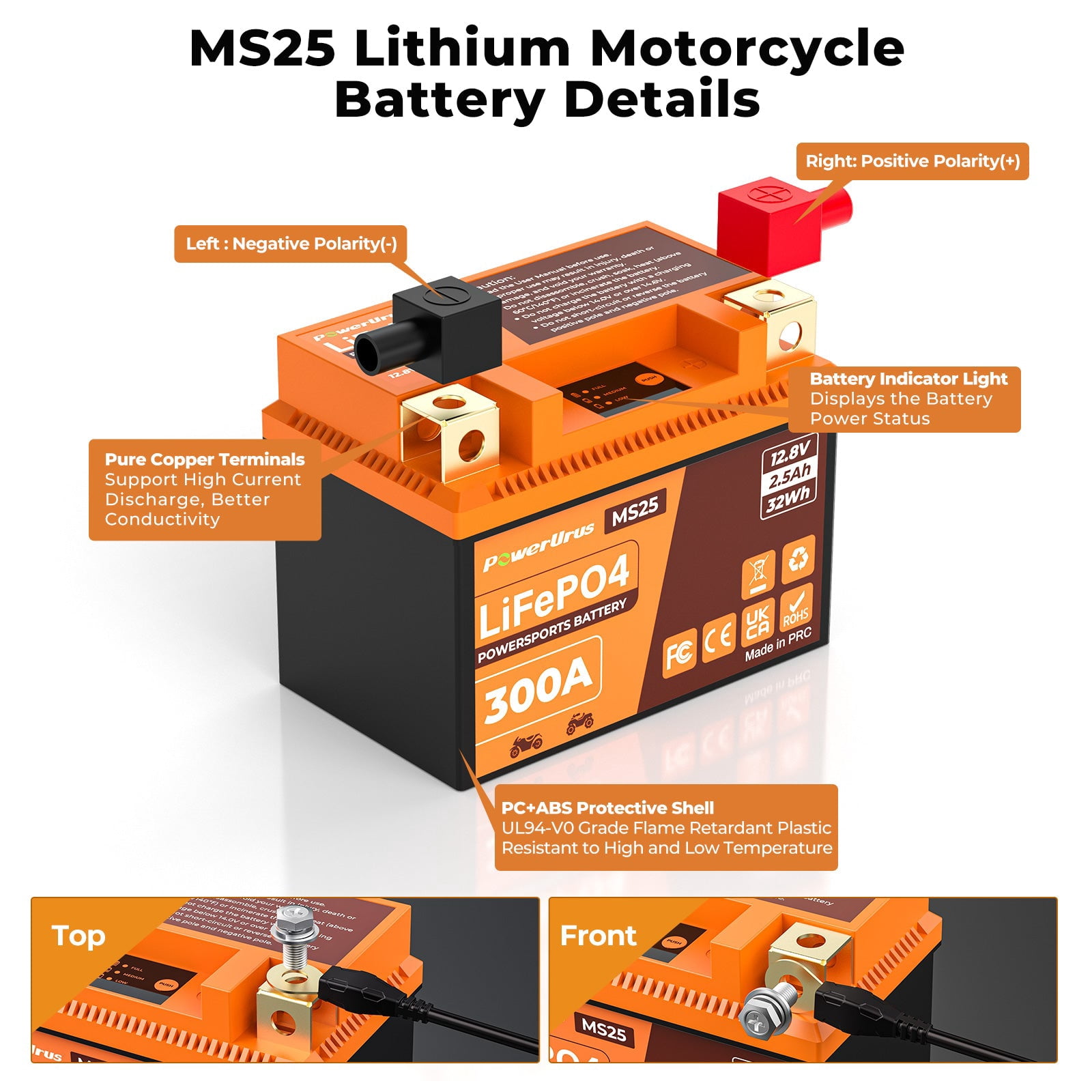 Lithium Motorcycle Battery, PowerUrus 300A Lithium LiFePO4 Motorcycle Battery, 12V 2.5Ah Powersports battery, ATV, UTV, Jet Ski, Quad, Lawn Mower, Tractor, Scooter Batteries