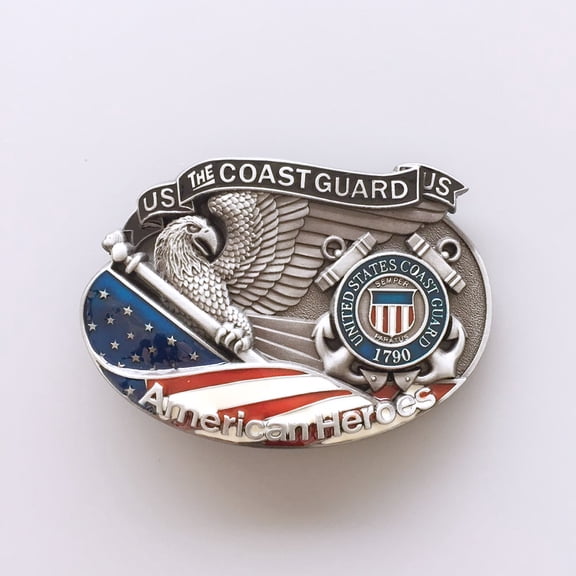 Antique Silver American Hero Coast Guard Enamel Oval Belt Buckle Hebilla also Stock in the US