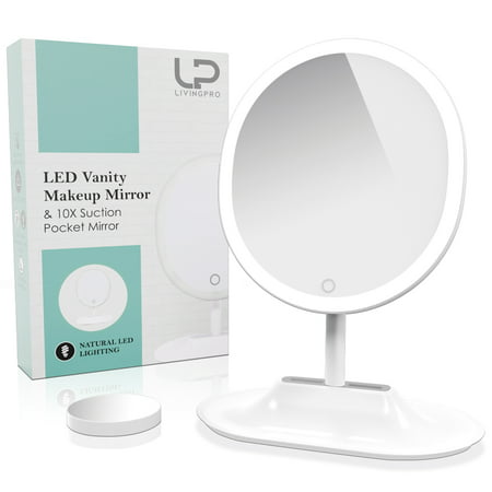 LivingPro Vanity Makeup Mirror with Upgraded Anti-Glare LED Lighting Controlled by Dimmable Touch Screen Sensor with 10X Spot Mirror for