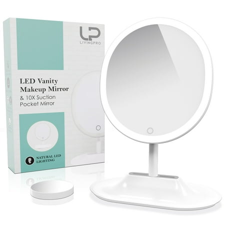 Large Four Light Vanity - LivingPro Vanity Makeup Mirror with Upgraded Anti-Glare LED Lighting Controlled by Dimmable Touch Screen Sensor with 10X Spot Mirror for Details