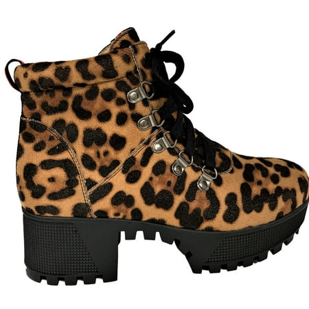 Gum Rubber Sole Boots Commender-03 Women Ankle High Lace Up Platform Rubber Lug Sole Low Block Heel Combat Military Booties Boots Leopard ()
