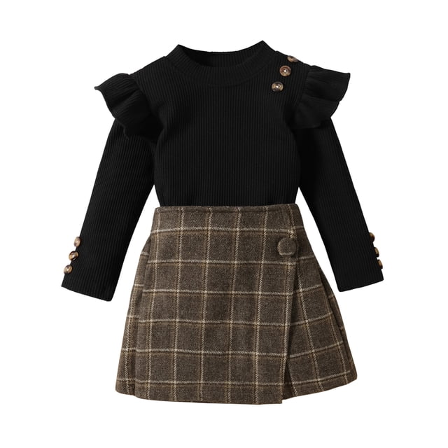Fortune 1-6Y Kid Girls Clothes Sets 2pcs Ruffles Long Sleeve Pullover Ribbed Tops Plaid Printed Shorts