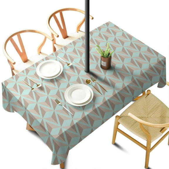 Outdoor Macaron Cyan Tablecloth with Umbrella Hole and Zipper,Rectangle Waterproof Wrinkle Free Table Cloth Decorative Fabric Washable Table Cover for Patio, Party, Picnic 60 X 102 Inch