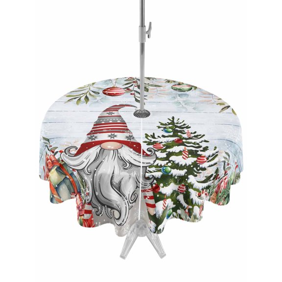 Outdoor Tablecloth with Umbrella Hole and Zipper, Blue Wooden Christmas Gnomes Round Table Cloth 60 Inch Waterproof Tablecloth, Xmas Tree Poinsettia Winter Picnic Table Cover for Patio Camping