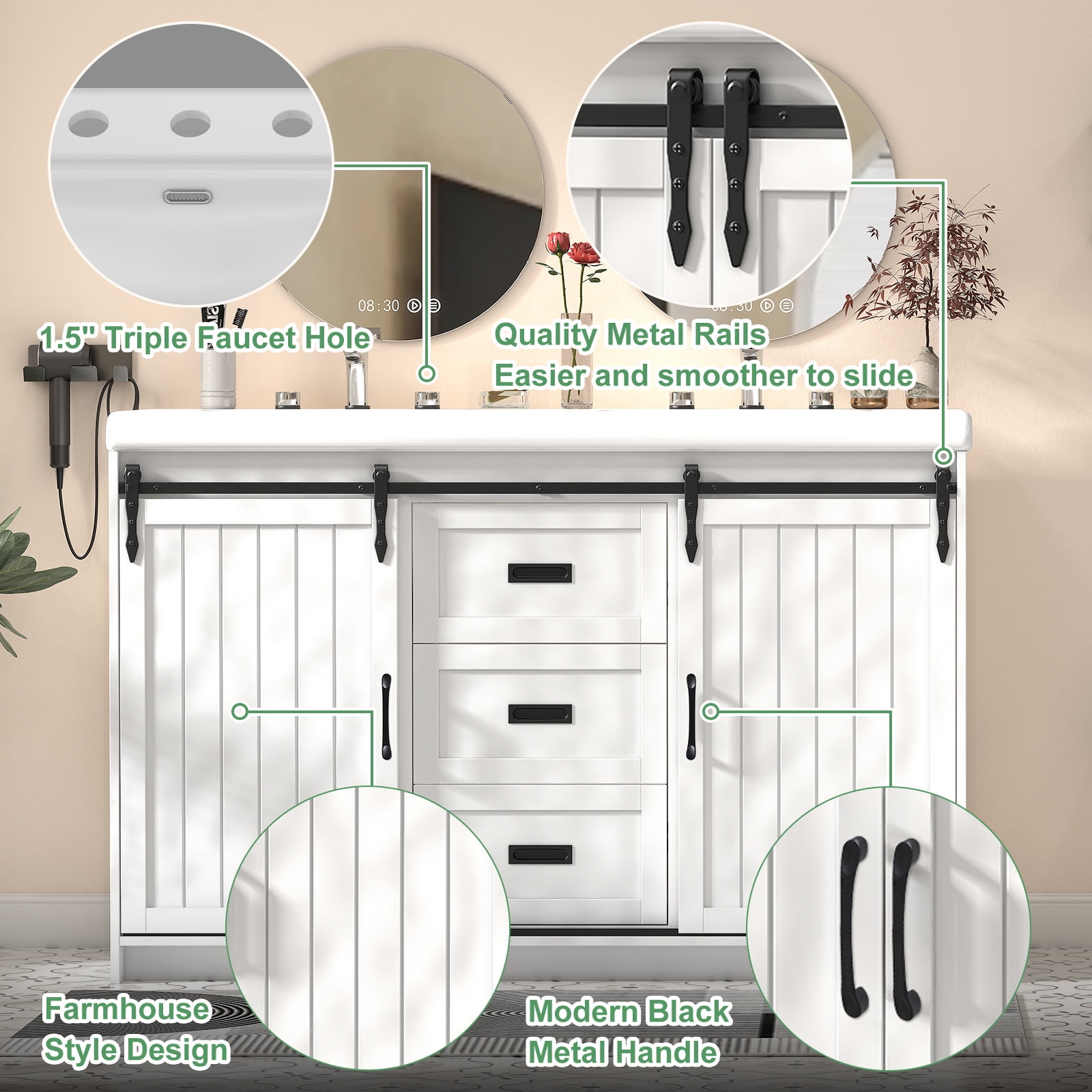 Caulitar Double Sink Bathroom Vanity, Bathroom Storage Cabinet Ceramic Basin Vanity Set, White