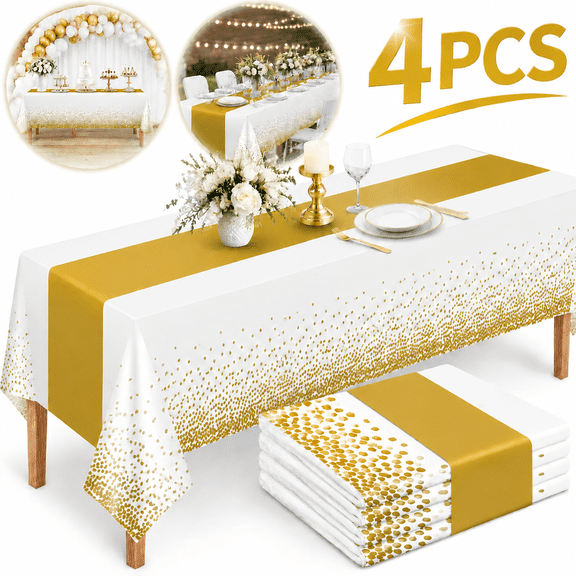 Ustris Disposable Plastic Table Cloths 4 Pack, White and Gold Rectangle Table Covers, 54 x 108 Inch Party Tablecloths for Wedding, Birthday, Shower & Event Decorations