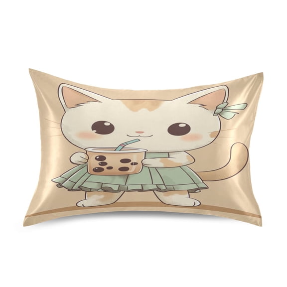 Satin Pillow Case Standard Silk Pillow Cover for Hair and Skin Envelope Closure Cute Cat Drink Bubble Tea 20"x26"
