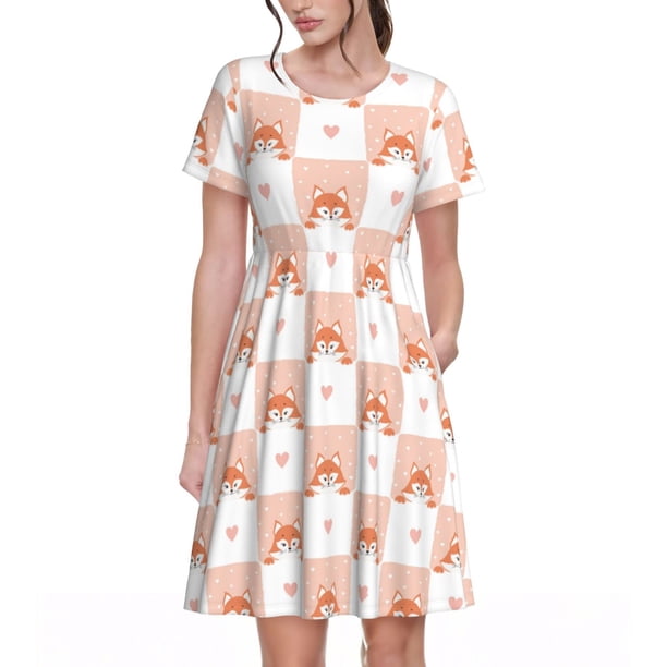 Fotbe love plaid fox Vestido Largo de Moda para Mujer, Vestido Tipo Camiseta con Manga Corta y Estilo Casual a Rayas y Bloques de Color
