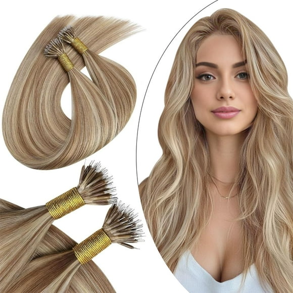 Ugeat Nano Bead Hair Extensions Human Hair Golden Brown Highlights Bleach Blonde Nano Tip Human Hair Extensions for Women Nano Link Hair Extensions Human H