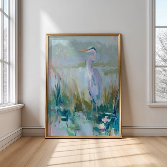 Blue Heron Poster: Pastel Coastal Marsh, Beach House Decor, Unframed Poster Size 16x24