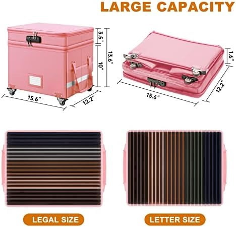 File Box with Lock,2-Layer Fireproof Document Box with Wheels,Collapsible Rolling File Storage Organizer with Pockets,Large Portable Home Office Filing Cabinet Safe for Hanging Folders,Pink