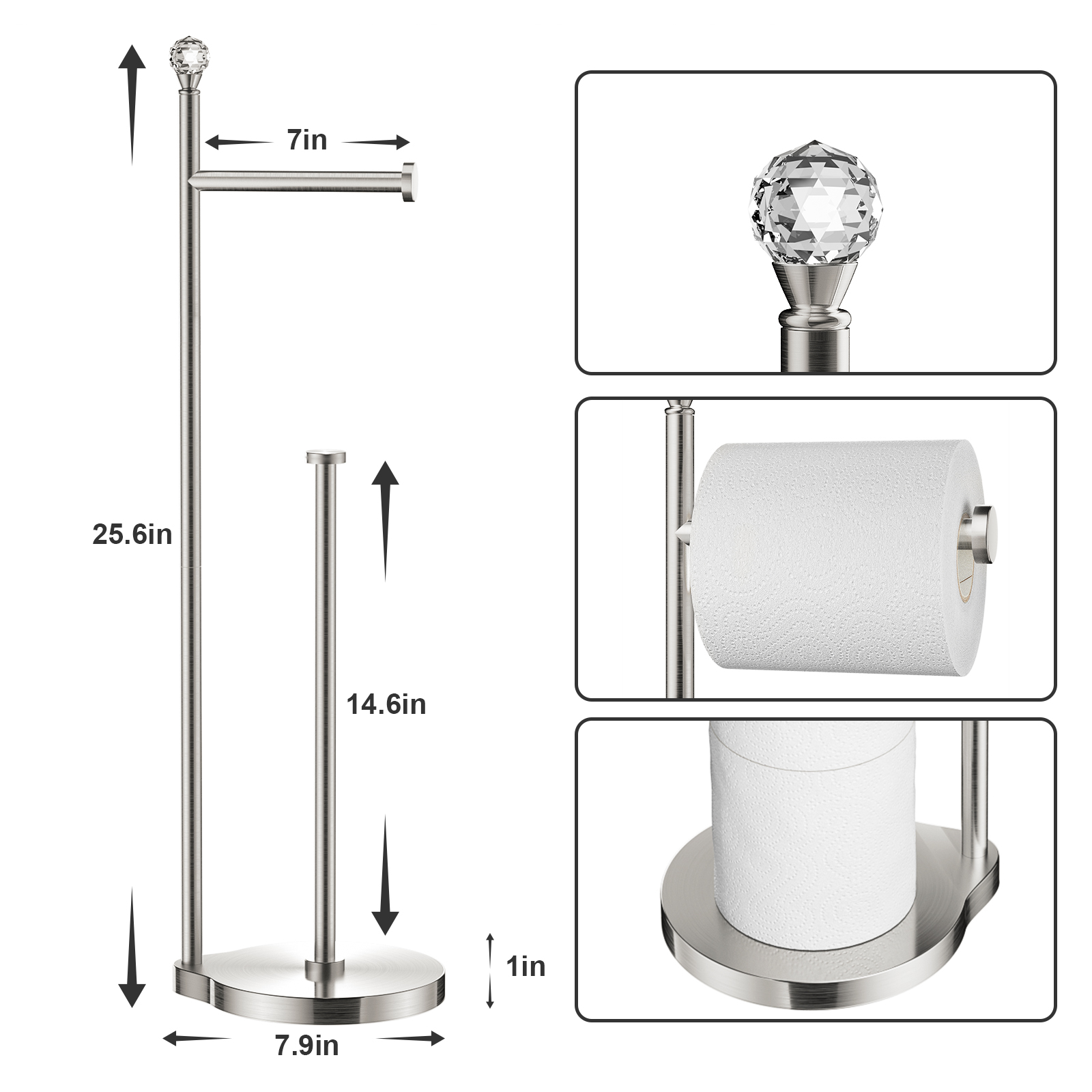 KASUNTO Toilet Paper Holder for Bathroom, Heavy Weighted Metal Free Standing Toilet Paper Storage with Crystal Ball, Toilet Paper Stand for Bathroom Accessories, Brushed Nickel [Holds MEGA Rolls]