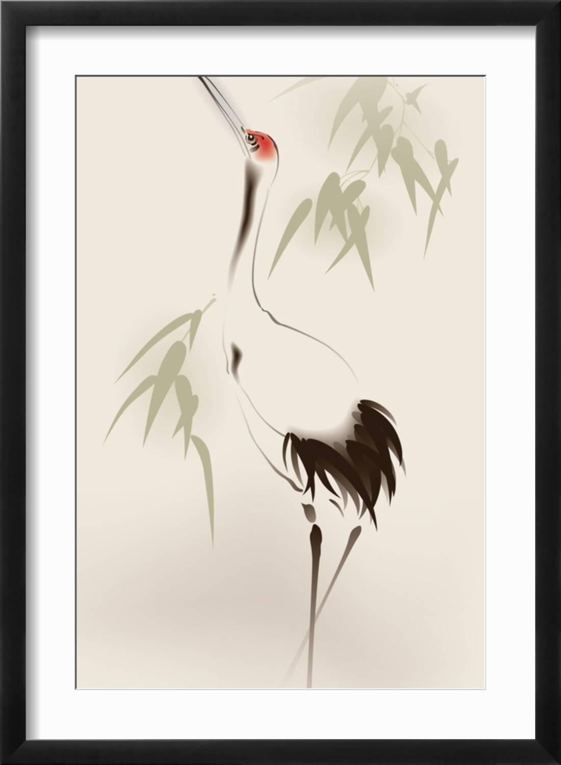 Art.com Oriental Style Painting, Red-Crowned Crane Art Print by ori-artiste, Black Frame Wall Art, 17" x 23"