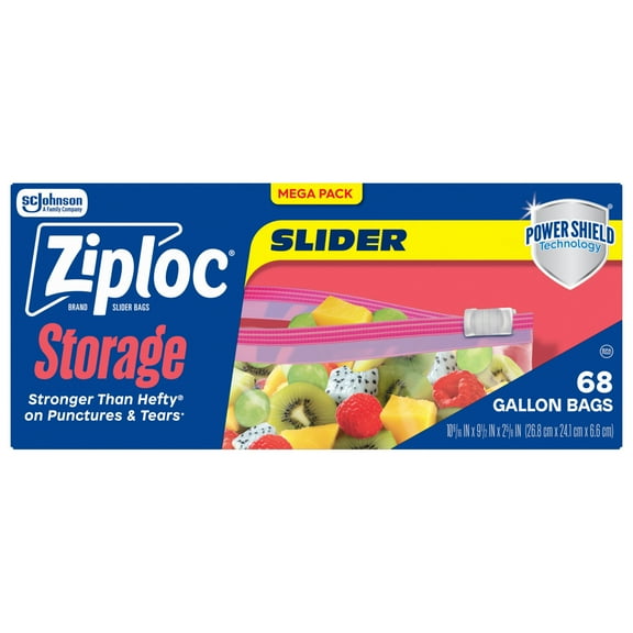 Ziploc® Brand Storage Slider Gallon Bags, Power Shield™ Technology, Expandable Bottom, 68 Count