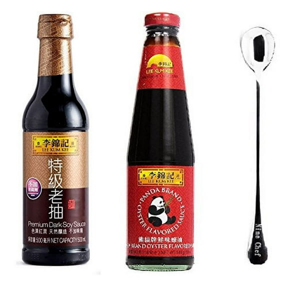 NineChef Bundle - Lee Kum Kee Premium Dark Soy Sauce   Panda Oyster Sauce (18 oz.)   1 NineChef Brand Long Handle Spoon
