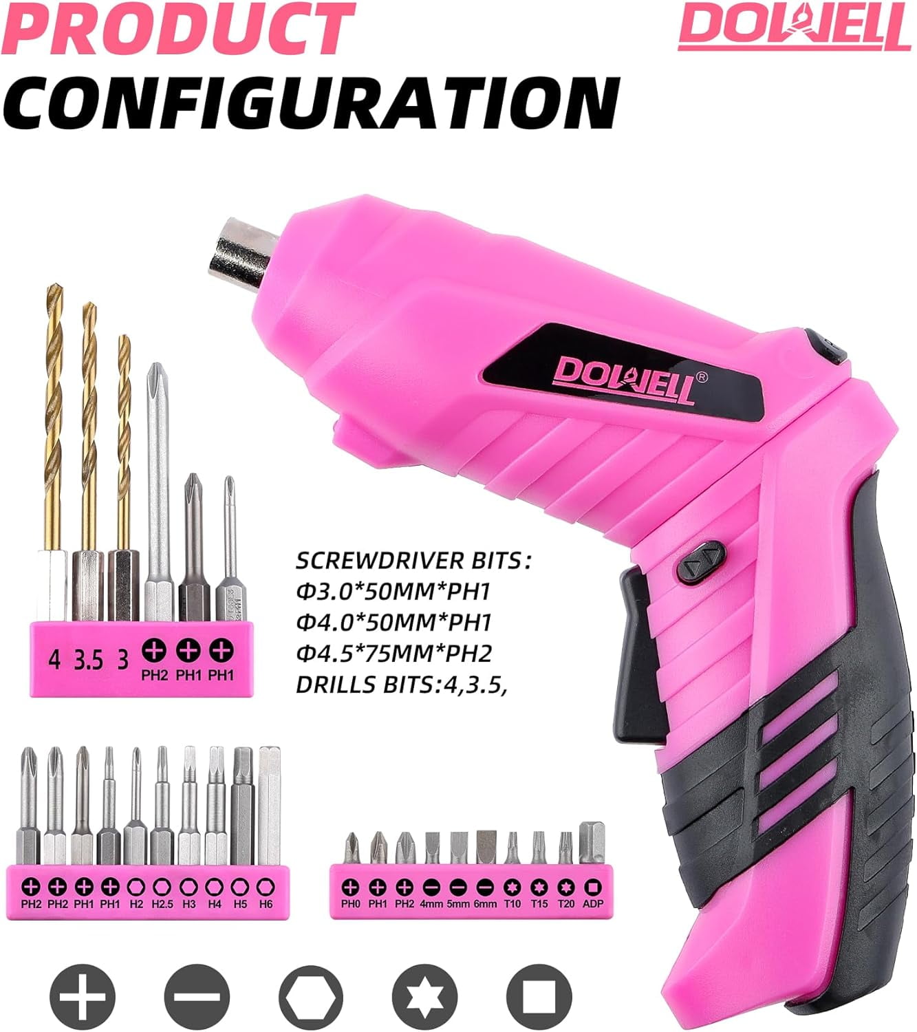 DOWELL Power Electric Cordless Screwdriver Set Rechargeable 3.6V Power Screwdriver Kit Tools for Women with 28pcs Accessories Pink