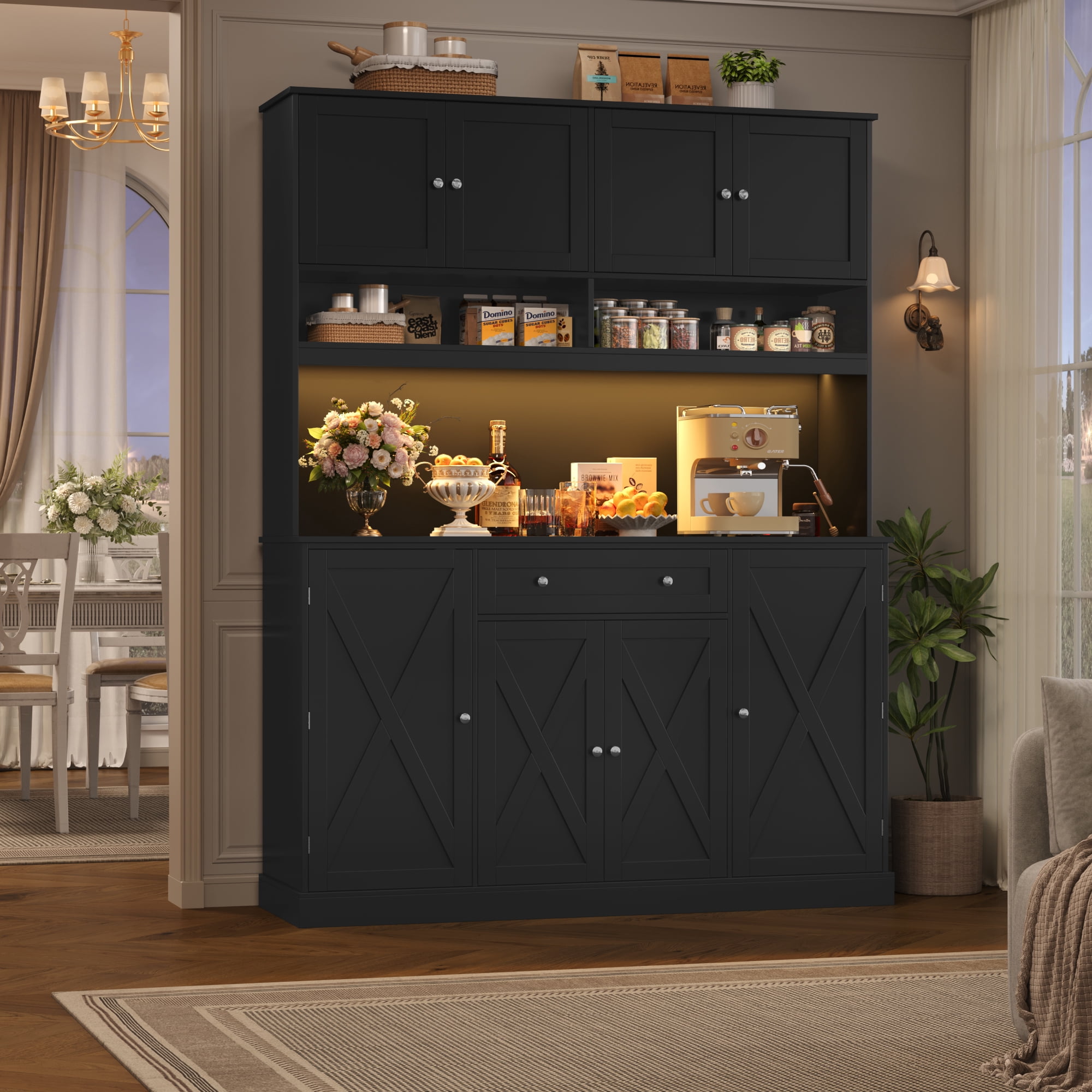 Homfa 72.8'' Tall Kitchen Pantry Cabinet with LED Lights & Charging Station, 8 Doors Storage Cabinet with Drawers & Shelves & Countertop, Kitchen Hutch with Adjustable Shelves for Dining Room, Black