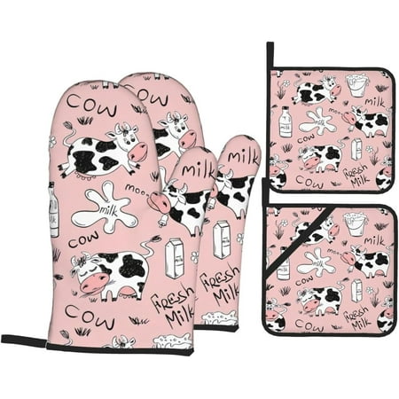 

JUSIP Funny Pink Cows Oven Mitts and Pot Holders Sets of 4 Heat Resistant Oven Mitts Gloves Pot Holders with Non-Slip Surface for Cooking Baking