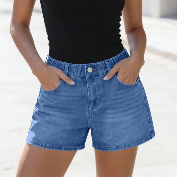 LVHAOGJOB Womens Stretch Jeans Solid Short Jeans Summer Mid Rise Lightweight Button with Pockets Shorts for Women