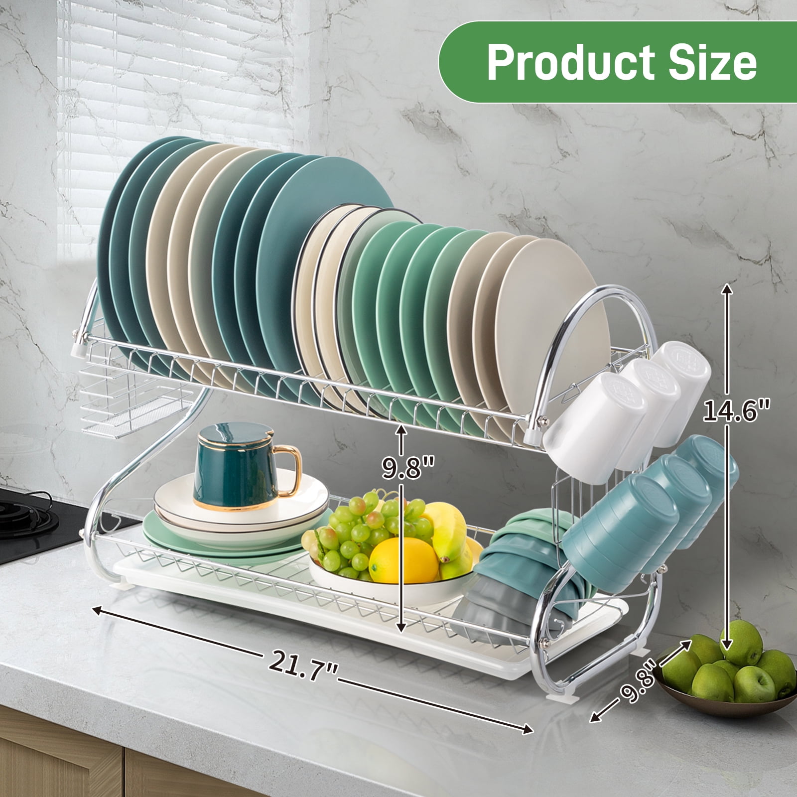 GOFLAME Dish Drying Rack with Drainboard, 2-Tier Detachable Dish Rack with  360°Swivel Spout, Utensil Holder, Cup Holder, Large Capacity Dish Drainer