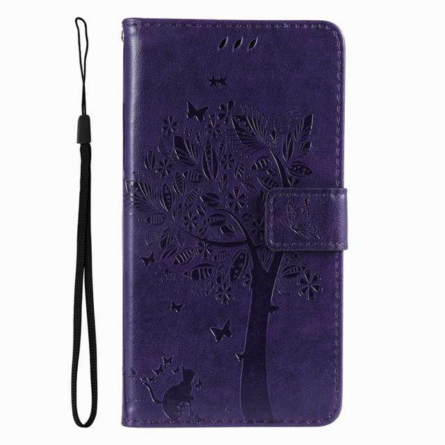 Wallet Case For Huawei P Smart 2018 2019 2020 2021 P8 P9 P20 P30 P40 Lite Pro 2017 Cute Cat Tree Card Slots Protect Cover D06F Purple For P20 Lite 2018
