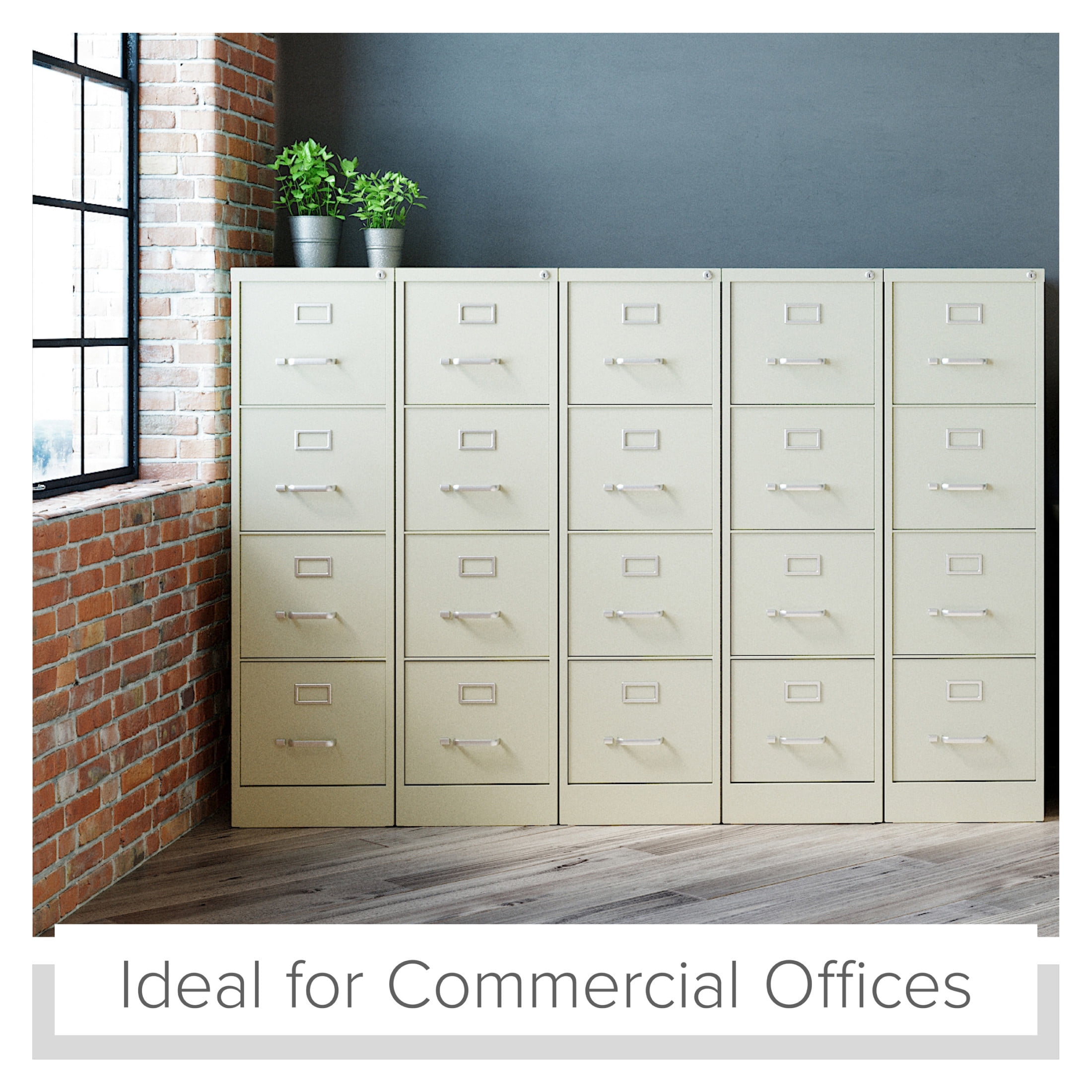 Hirsh Pro 4 Drawer Letter Locking Metal Vertical File Cabinet, 25" Deep, Putty