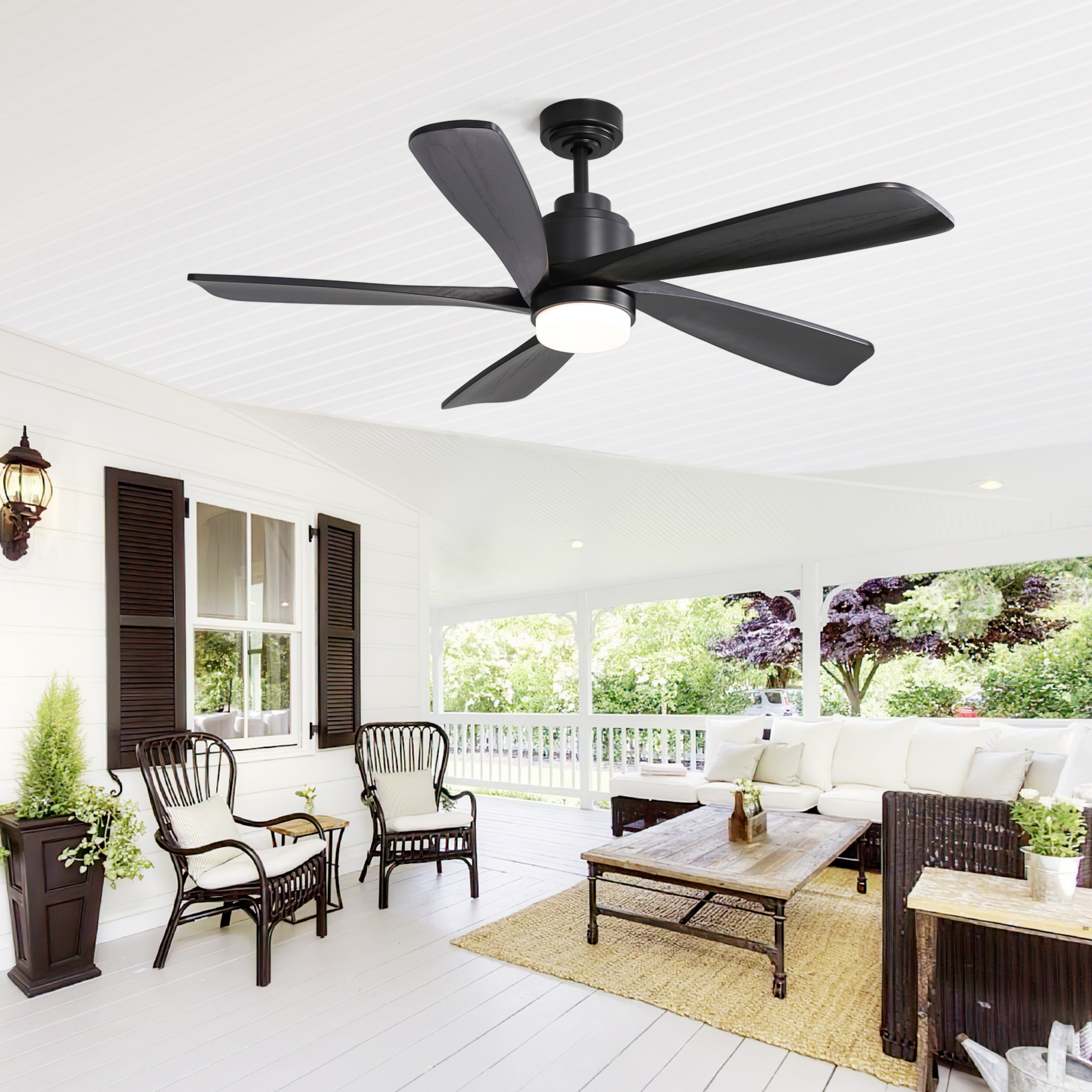 Sofucor 52-Inch Black Wood Blade Ceiling Fan with LED Light and Remote Control - Modern, Farmhouse, Contemporary