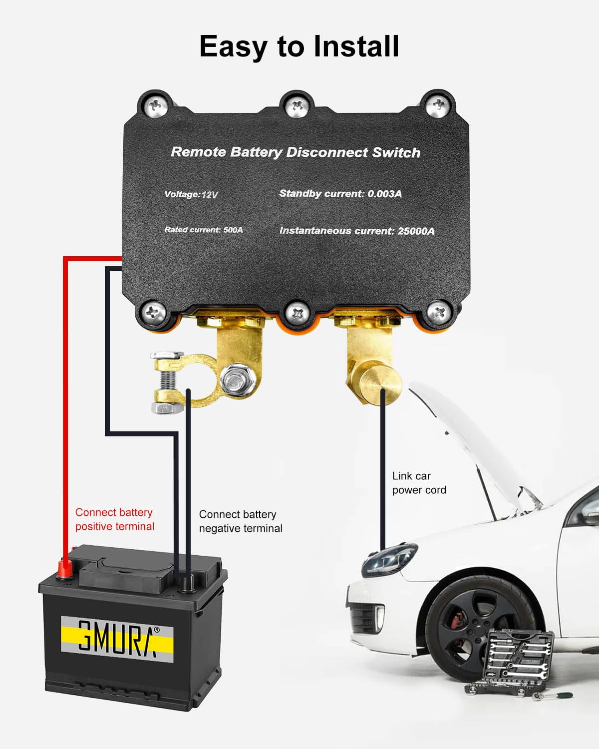 12V 500A Remote Battery Disconnect Switch, Battery Kill Switch for Car Kill Switch Anti Theft, Automatic Shut/Cut Off Switch for DC 12V Car Boat Truck RV ATV Vehicle