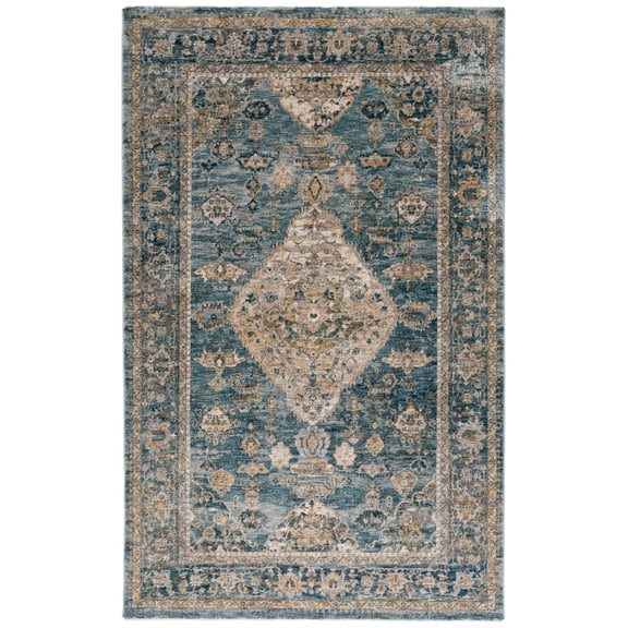 SAFAVIEH Valencia Leyla Medallion Polyester Area Rug, Blue/Gold, 4' x 6'2"