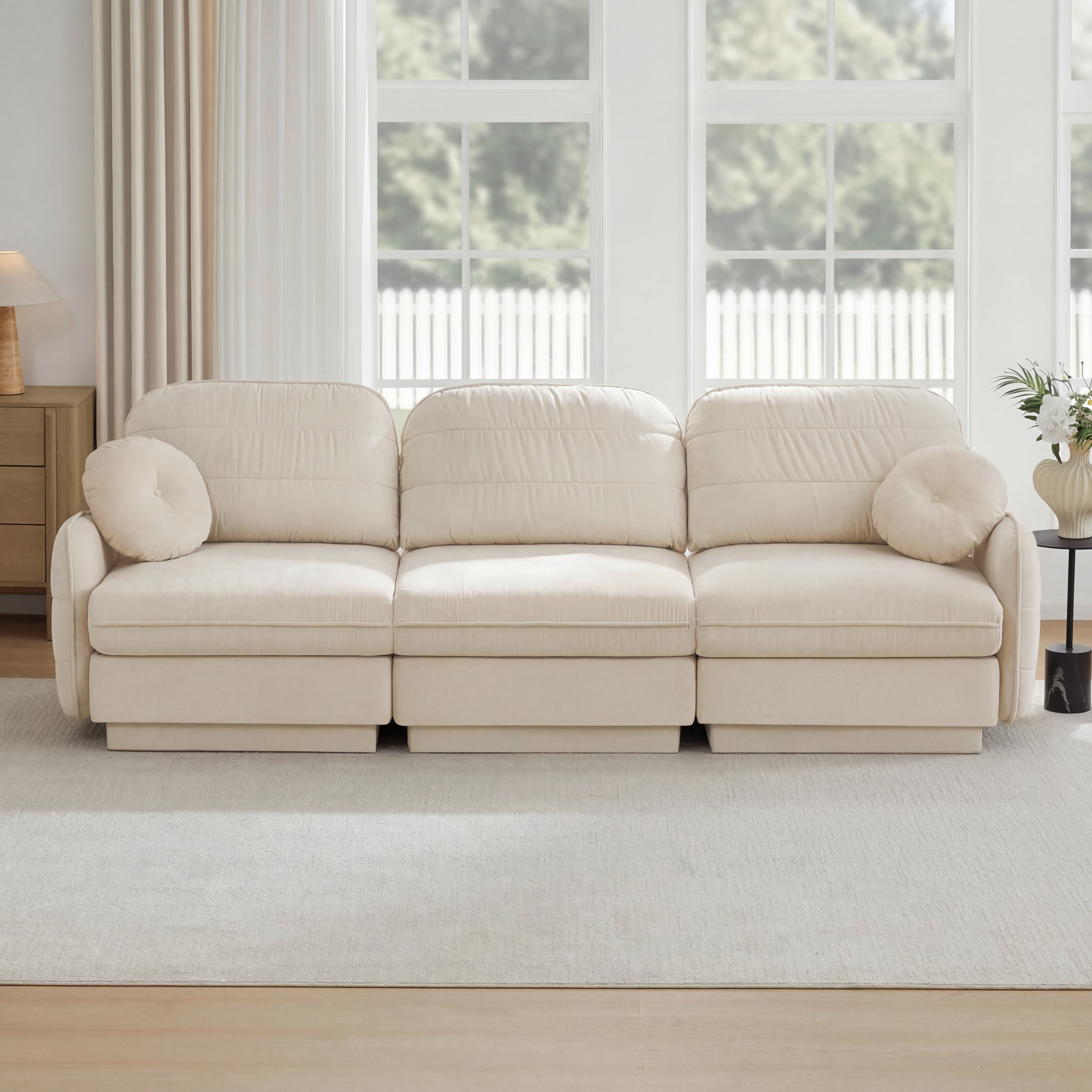 Mintazer 105" Chenille Cloud 3-Seater Modular Sectional Sofa with 2 Round Pillows, Easy Assembly Ergonomic Sofa Couch for Living Room, Apartment, Cream