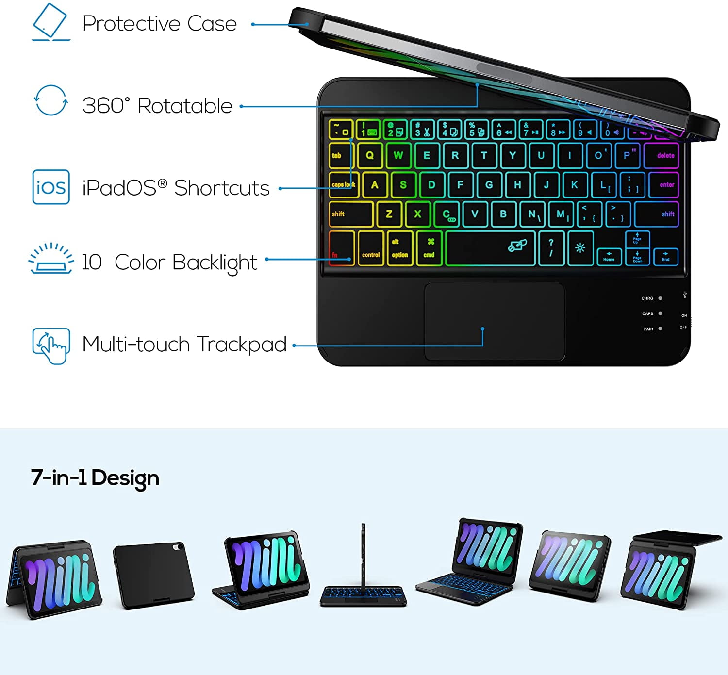 typecase Touch Keyboard Case for iPad Mini 8.3-inch 7th Gen(A17 Pro, 2024) & iPad Mini 6th Gen 2021, 11 Colors Backlit, 360 Rotating Protective Cover, Slim Wireless with Pencil Holder (Black)