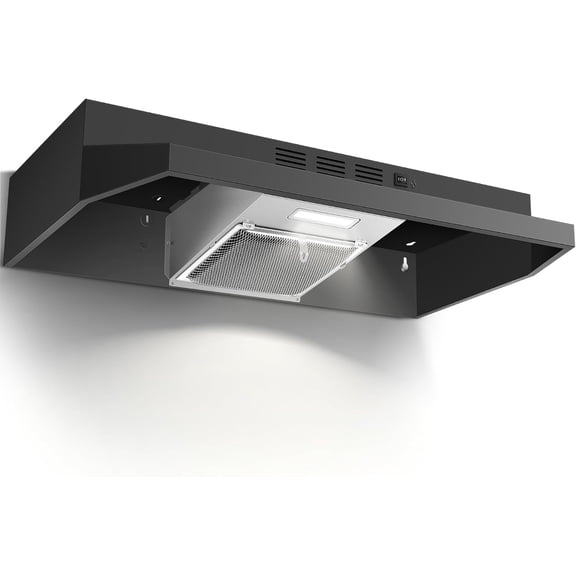 24 inch Range Hood Under Cabinet, Black Kitchen Hood 280CFM, Ducted/Ductless Vent Hood with Rocker Button Control, Stove Hood with 2 Speeds Fan, Bright Light