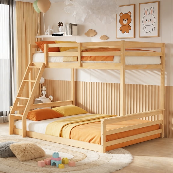 Guqiart Twin Over Full Low Floor Bunk Bed, Wooden Kids Bunk Bed with Ladder & Full Guardrails, Low Bunk Bed for Boys, Girls & Juniors Bedroom