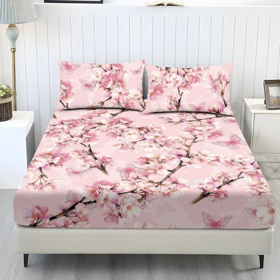 chaqlin Butterfly Cherry Blossom Bedding Sheets Twin Size Stretch Cooling Polyester Bed Sets 3-Piece Sets with 1 Fitted Sheet and 2 Pillowcases Home RV Decor Accessories