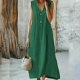 thumbnail image 3 of SMihono Women Summer Cotton Linen Sleeveless Long Dress Casual Button V Neck Beach Flowy Swing Loose Shift Sun Maxi Dresses Green XXXL, 3 of 7