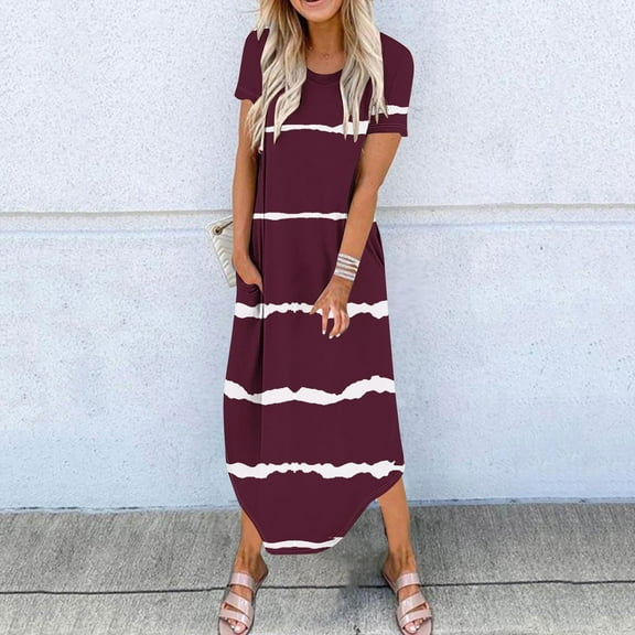RYDCOT Women's Casual Loose Sundress Long T Shirt Dresses for Women Loose Fit Short Sleeve Striped Maxi Dresses Summer Beach Dress with Pockets Sale