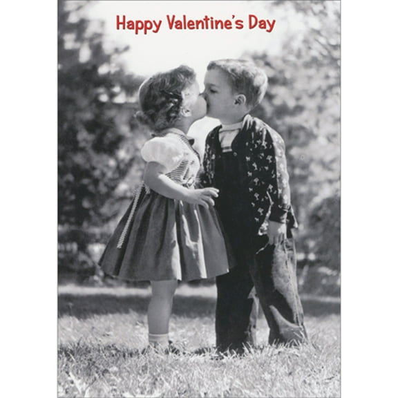 Avanti Press Girl and Boy Kissing on Lawn Black and White Photo Romantic Valentine's Day Card