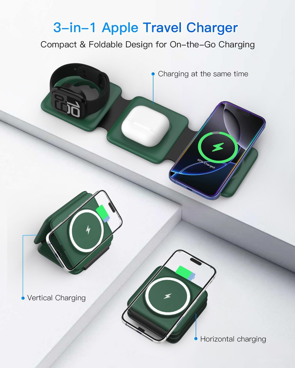 Charging Station for Apple Multiple Devices - Travel Charging Pad for iPhone 12-17 Pro Max Plus Watch & Airpods（Green）