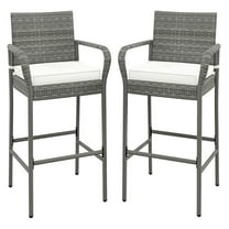 Wicker Bar Stools Set of 2, Patio Bar Height Chairs with Cushions, Armrests and Footrests, Outdoor Rattan Barstools for Backyard, Deck, Pool, 400 lbs Max Load (2, Mix Grey)