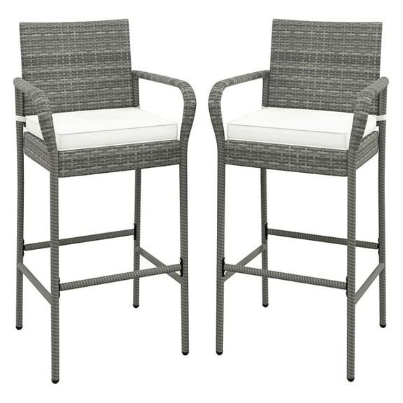 Wicker Bar Stools Set of 2, Patio Bar Height Chairs with Cushions, Armrests and Footrests, Outdoor Rattan Barstools for Backyard, Deck, Pool, 400 lbs Max Load (2, Mix Grey)