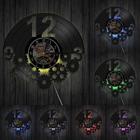 Gears and Cogs Wall Art Steampunk Ornaments Decor Vinyl Record Wall Clock Cyclist Cycling Fan Cogwheels Retro Clock With LED