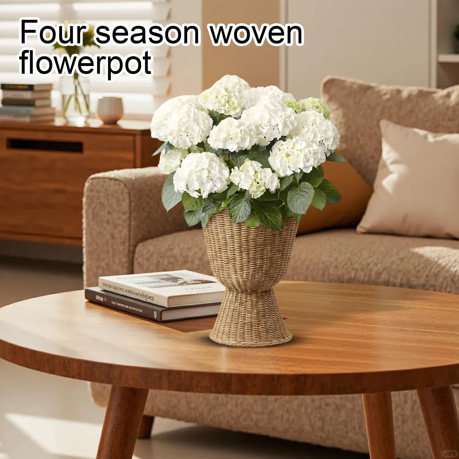 16" Woven Resin Urn Planter, Decorative Rattan-Style Wicker Flower Pot with Waterproof Lining for Indoor Outdoor Home Decor