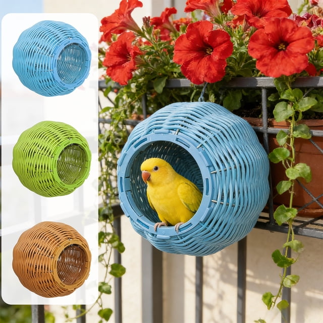 Casita para pájaros de fosa tejida para dormir Small Birds – Cama nido de jaula de ratán de plástico, marrón azul-verde, 14×15 cm, resistente a la masticación, lavable, fácil de instalar