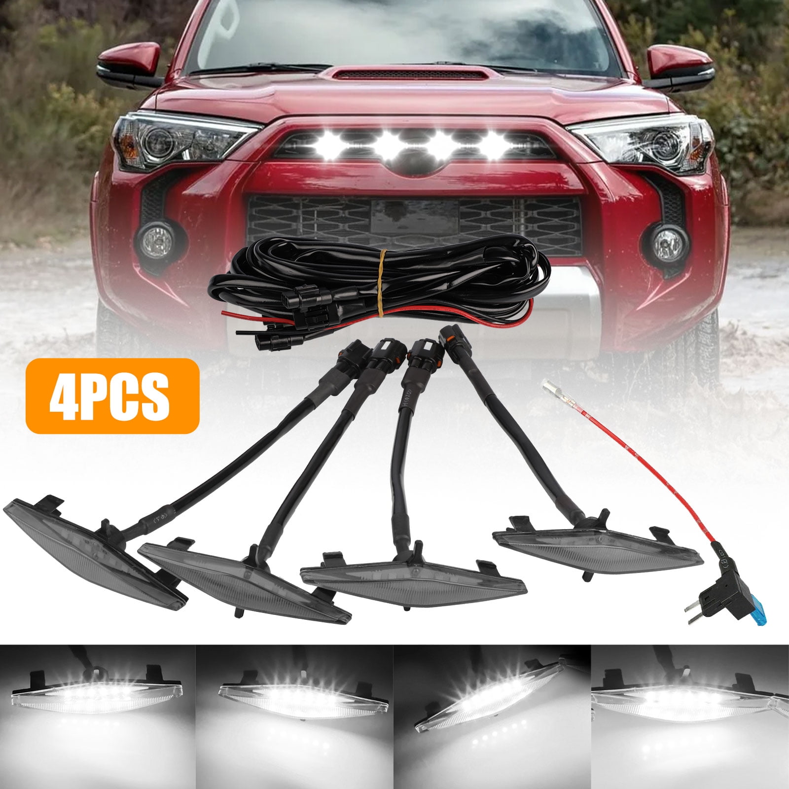 TRD off-road Including SR5 Limited 4 PCS Led Smoked Grille Lights Kits for 4Runner TRD Pro 2014-2019 TRO Pro （Smoked shell white lights）