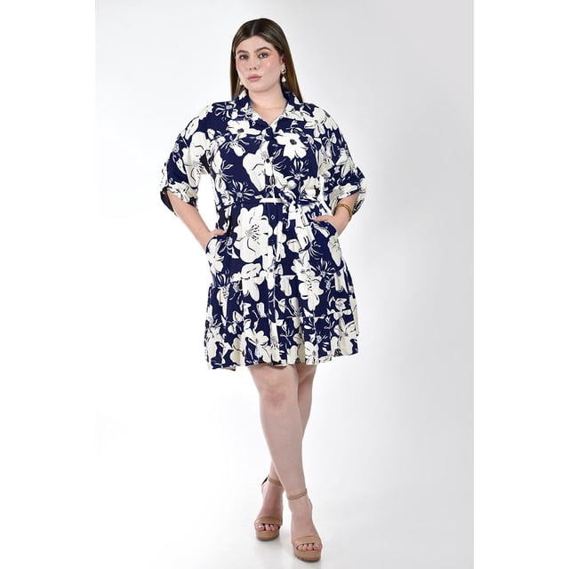 Vestido camisero con estampado floral Roman Fashion /Tallas Extras, 2659 (Azul flores) azul marino 38