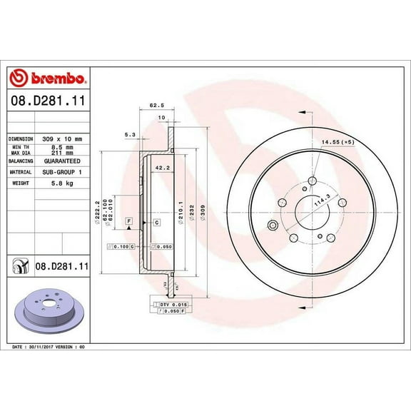 Brembo 08.D281.11 Premium UV Coated OE Equivalent Rotor