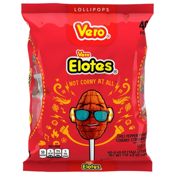 Vero Elotes Strawberry Candy Lollipops with Chili Pepper Powder, 0.49 oz, 40 Count Bag